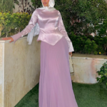 Light pink satin modest top with lilac chiffon maxi skirt and white hijab