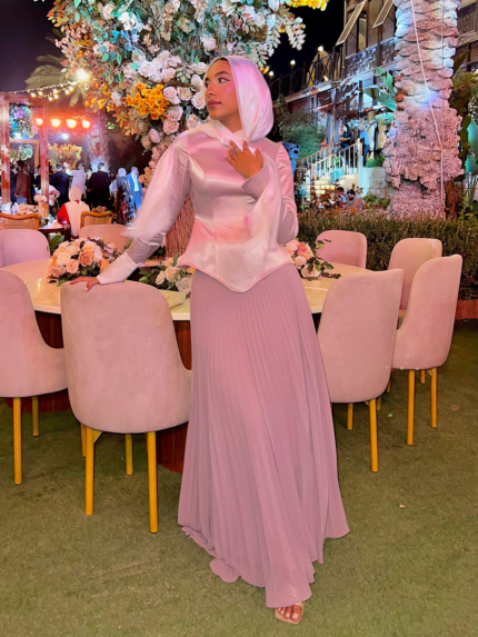 Light pink satin modest top with lilac chiffon maxi skirt and white hijab