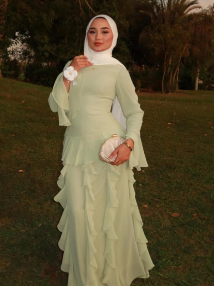 Mint green modest evening dress with white hijab