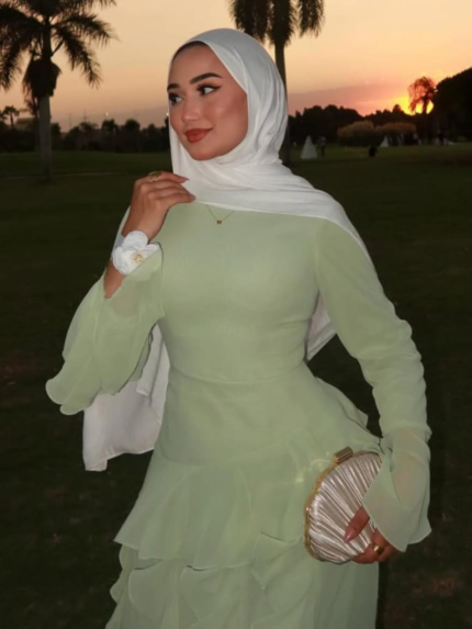 Mint green modest evening dress with white hijab